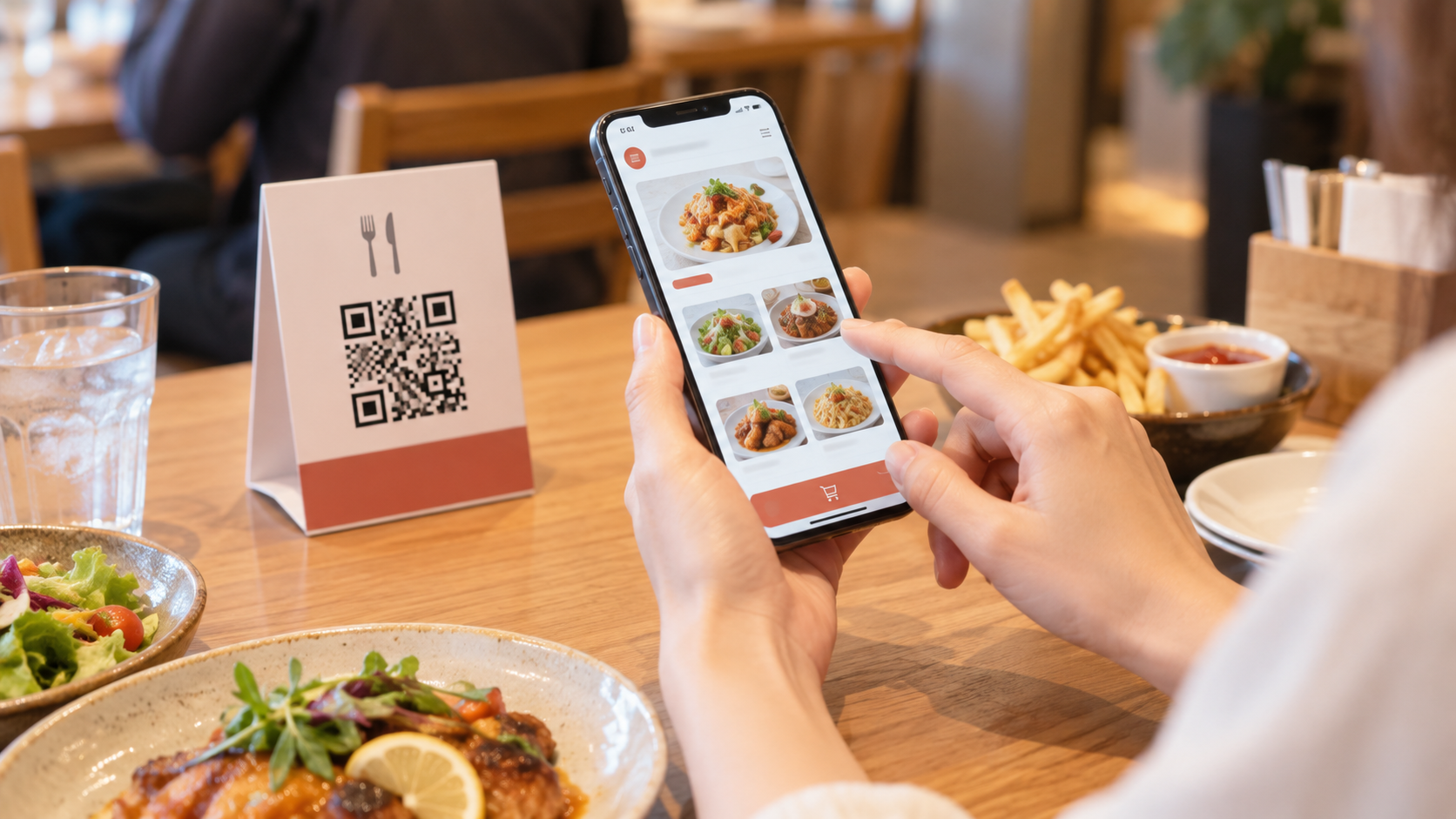 テーブルのQRコードをお客さまのスマートフォンで読み取り注文するイメージ